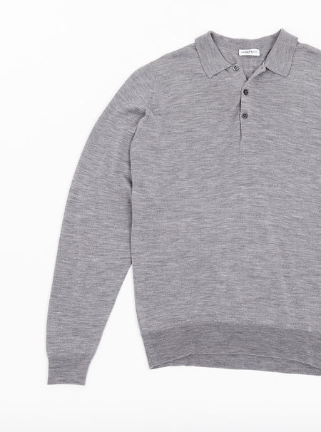 Flat lay of men's silver grey long sleeved polo neck sweater knit in luxury and premium 100% merino wool.